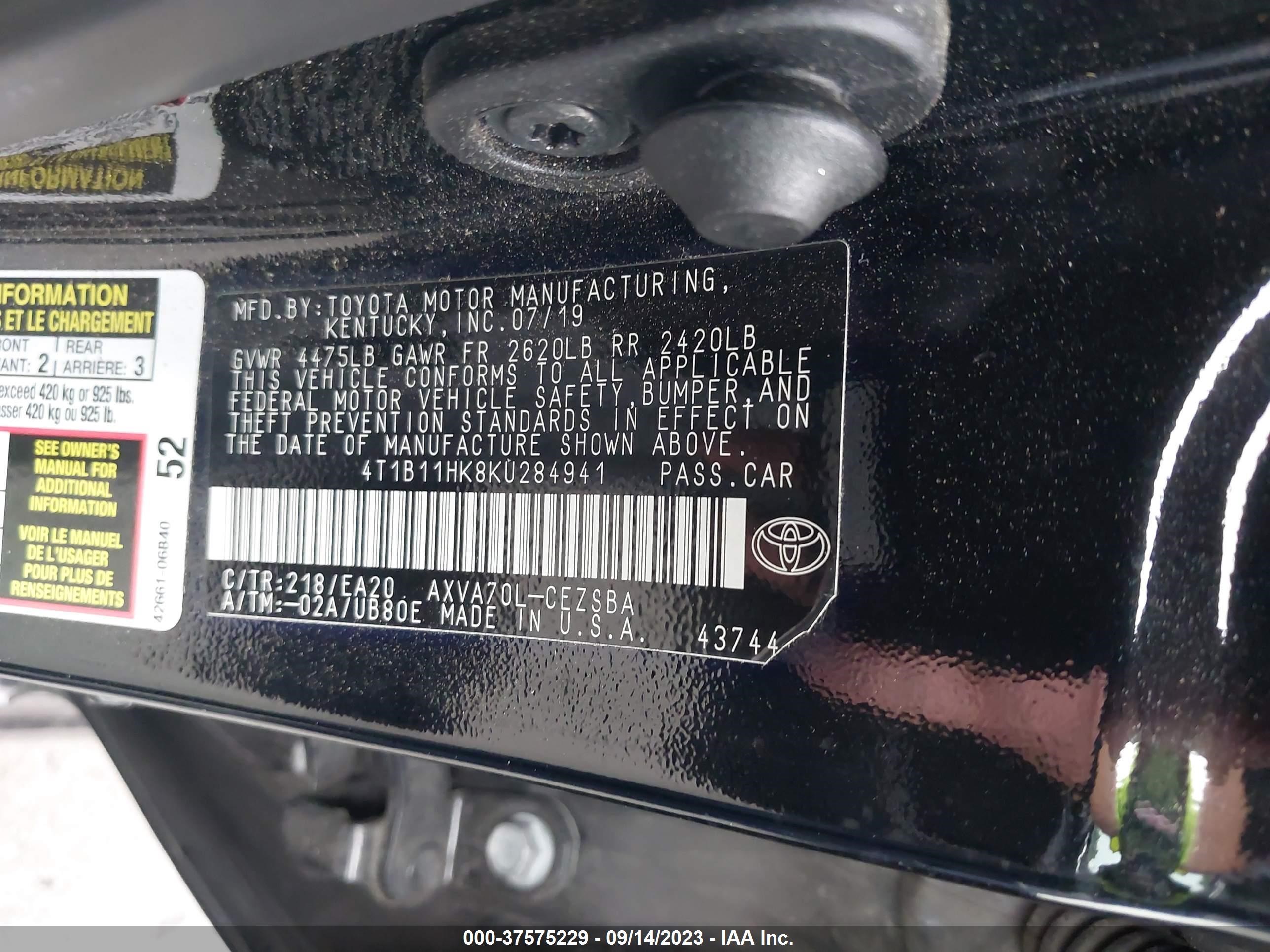 Photo 8 VIN: 4T1B11HK8KU284941 - TOYOTA CAMRY 