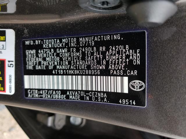 Photo 9 VIN: 4T1B11HK8KU288956 - TOYOTA CAMRY L 