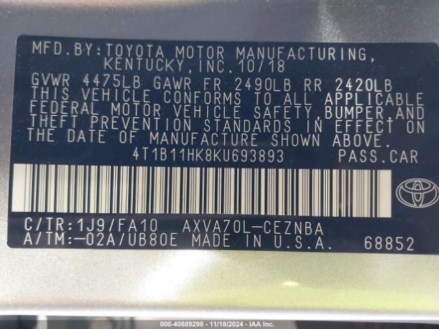 Photo 8 VIN: 4T1B11HK8KU693893 - TOYOTA CAMRY 