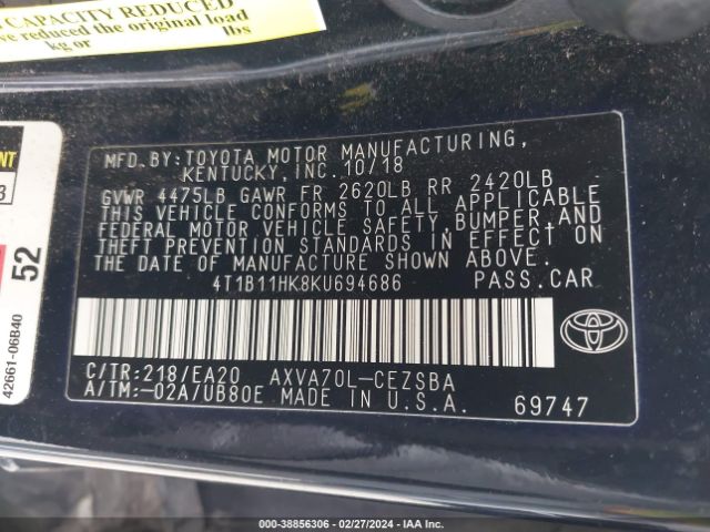 Photo 8 VIN: 4T1B11HK8KU694686 - TOYOTA CAMRY 