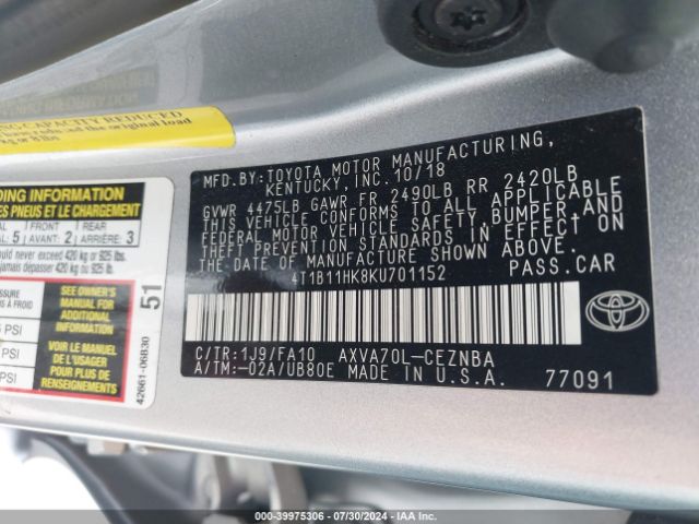 Photo 8 VIN: 4T1B11HK8KU701152 - TOYOTA CAMRY 