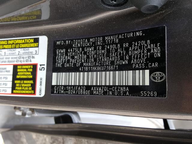 Photo 9 VIN: 4T1B11HK8KU716671 - TOYOTA CAMRY L 