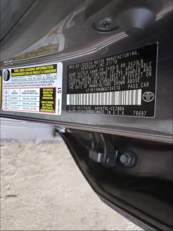 Photo 9 VIN: 4T1B11HK8KU734510 - TOYOTA CAMRY L 