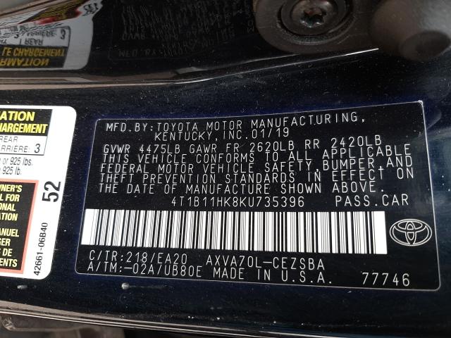 Photo 9 VIN: 4T1B11HK8KU735396 - TOYOTA CAMRY L 