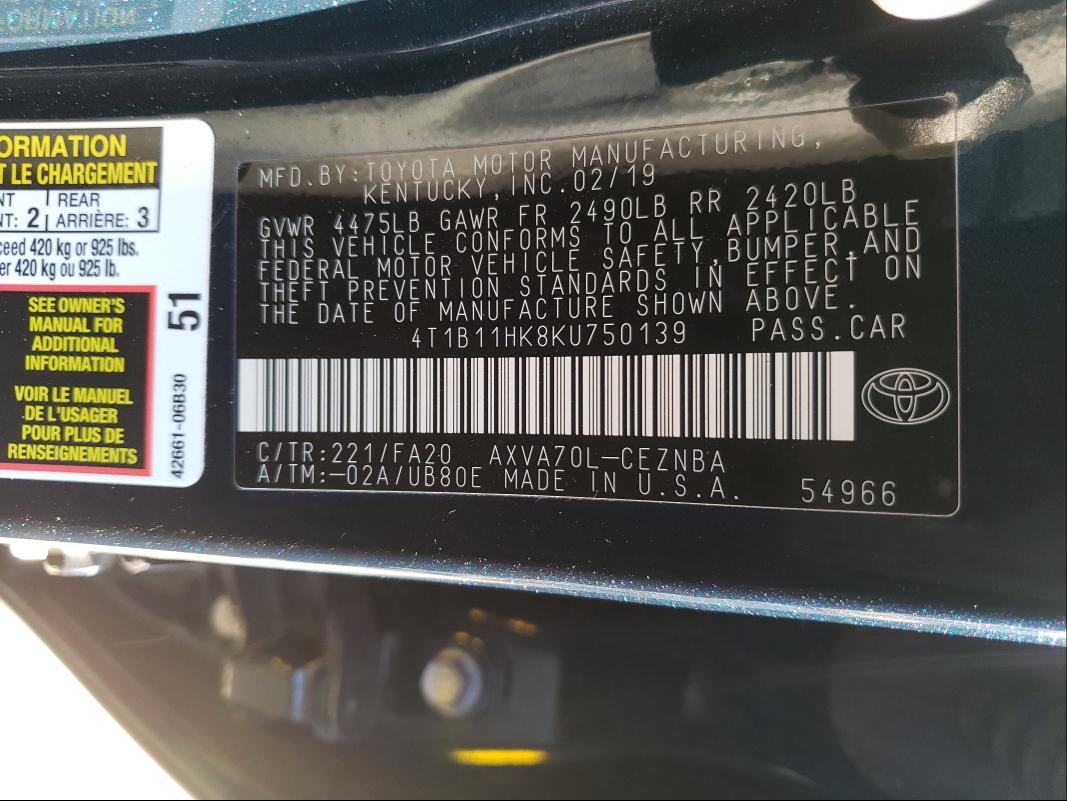 Photo 9 VIN: 4T1B11HK8KU750139 - TOYOTA CAMRY L 