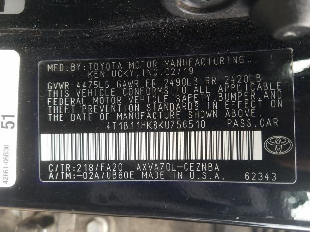 Photo 9 VIN: 4T1B11HK8KU756510 - TOYOTA CAMRY L 