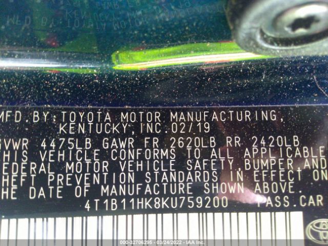 Photo 8 VIN: 4T1B11HK8KU759200 - TOYOTA CAMRY 