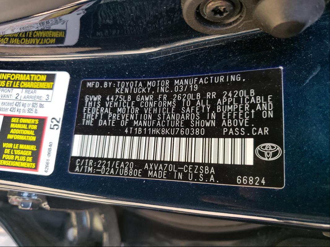 Photo 9 VIN: 4T1B11HK8KU760380 - TOYOTA CAMRY L 