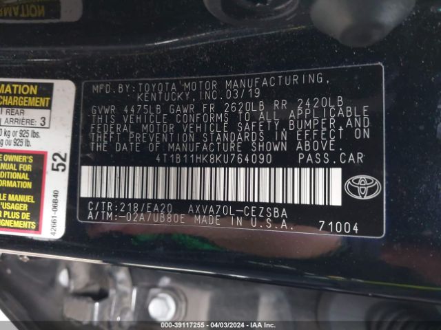 Photo 8 VIN: 4T1B11HK8KU764090 - TOYOTA CAMRY 