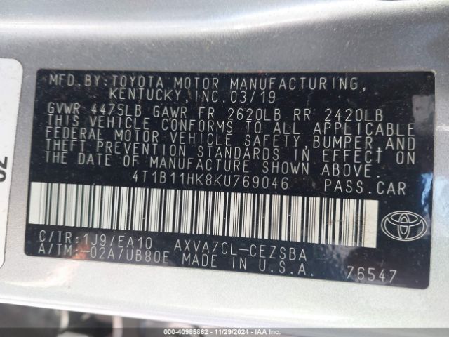 Photo 8 VIN: 4T1B11HK8KU769046 - TOYOTA CAMRY 