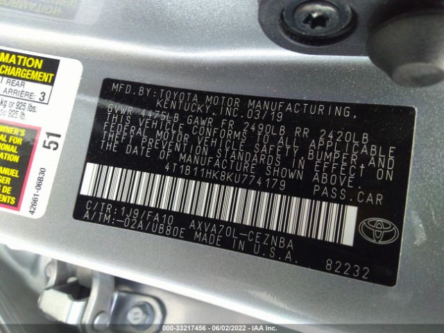 Photo 8 VIN: 4T1B11HK8KU774179 - TOYOTA CAMRY 