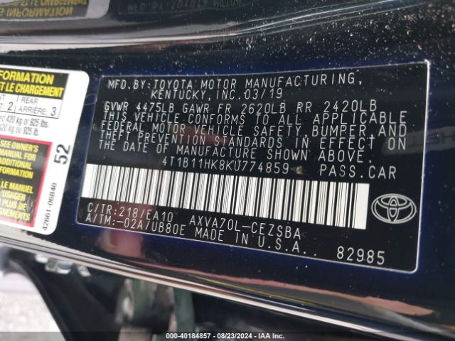 Photo 8 VIN: 4T1B11HK8KU774859 - TOYOTA CAMRY 