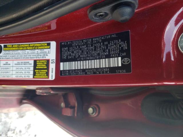 Photo 9 VIN: 4T1B11HK8KU787739 - TOYOTA CAMRY L 