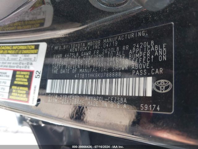 Photo 8 VIN: 4T1B11HK8KU788888 - TOYOTA CAMRY 