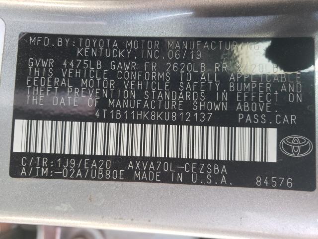 Photo 9 VIN: 4T1B11HK8KU812137 - TOYOTA CAMRY L 