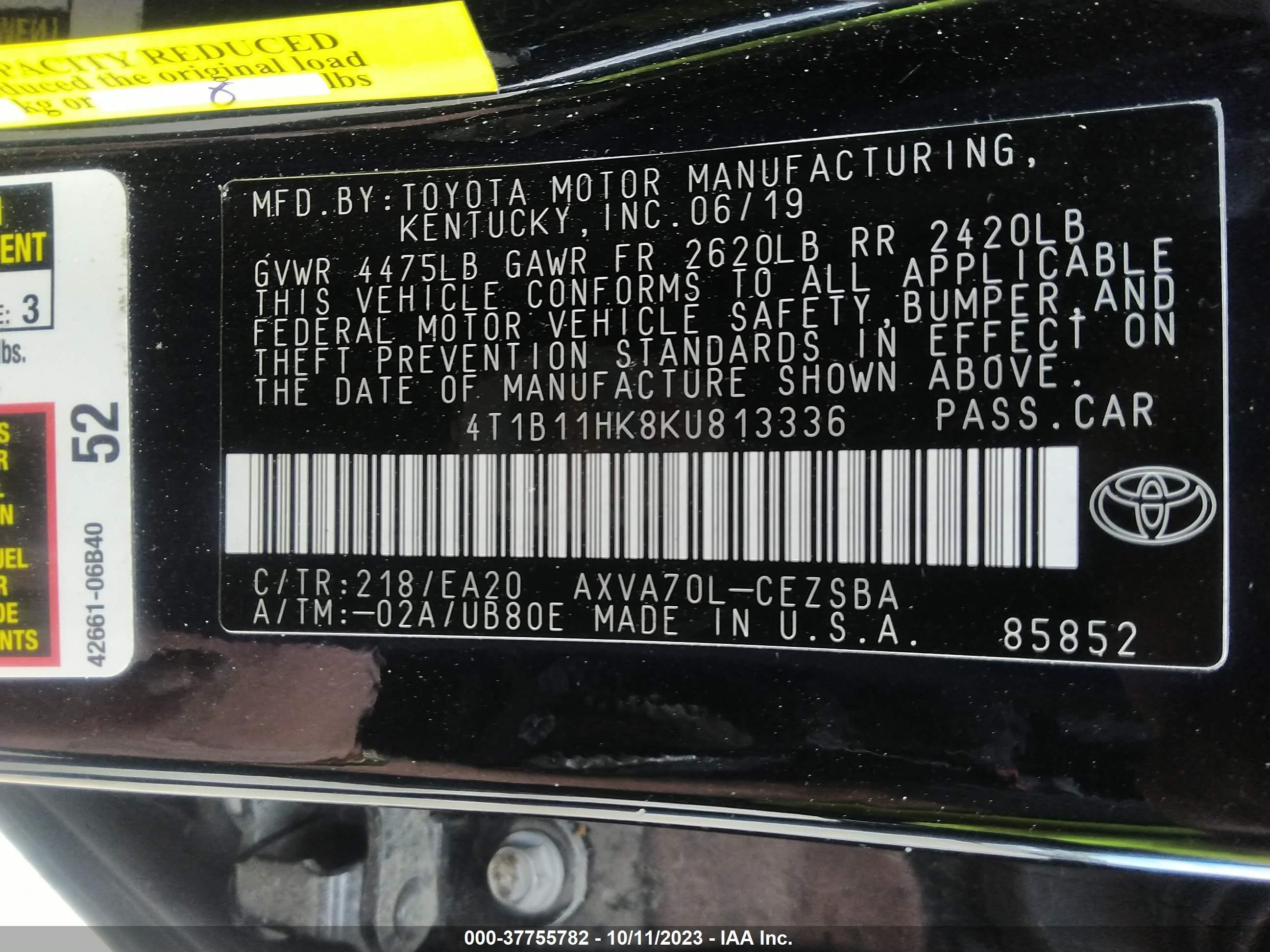 Photo 8 VIN: 4T1B11HK8KU813336 - TOYOTA CAMRY 