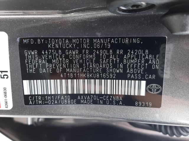 Photo 9 VIN: 4T1B11HK8KU816592 - TOYOTA CAMRY L 