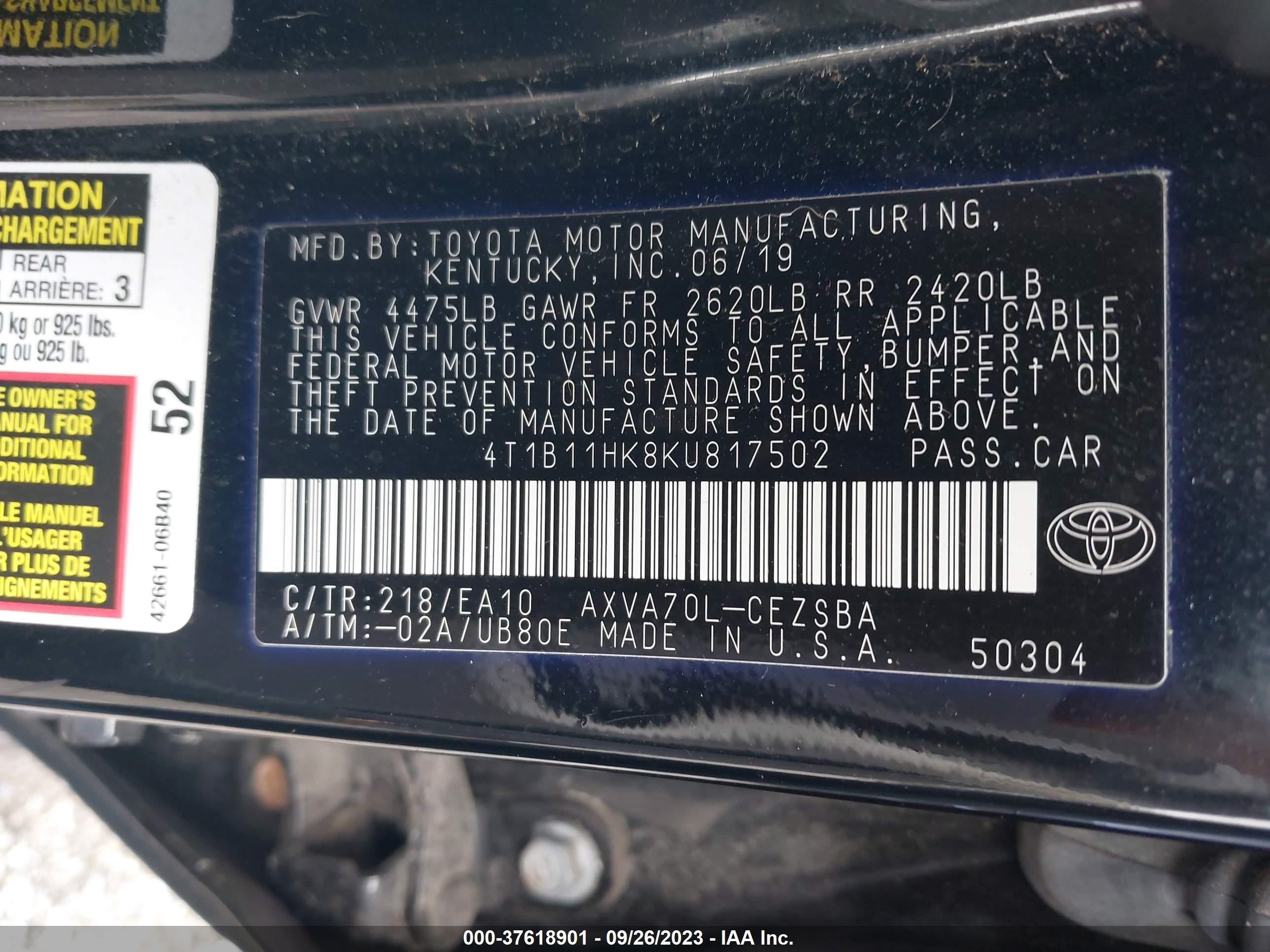 Photo 8 VIN: 4T1B11HK8KU817502 - TOYOTA CAMRY 