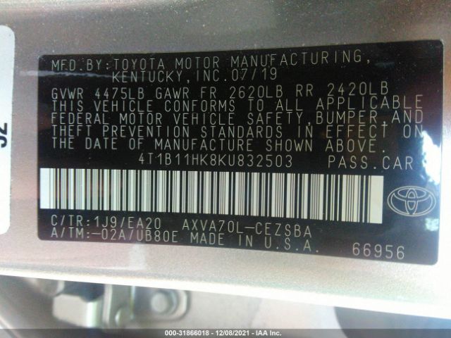 Photo 8 VIN: 4T1B11HK8KU832503 - TOYOTA CAMRY 