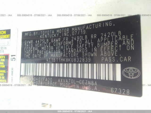 Photo 8 VIN: 4T1B11HK8KU832839 - TOYOTA CAMRY 