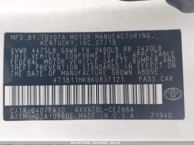 Photo 8 VIN: 4T1B11HK8KU837121 - TOYOTA CAMRY 