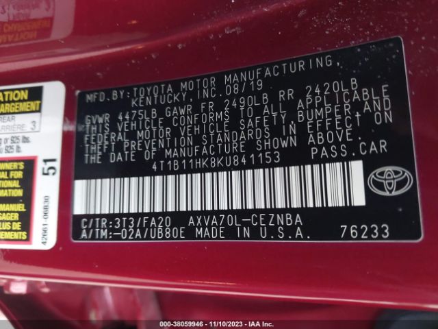 Photo 8 VIN: 4T1B11HK8KU841153 - TOYOTA CAMRY 