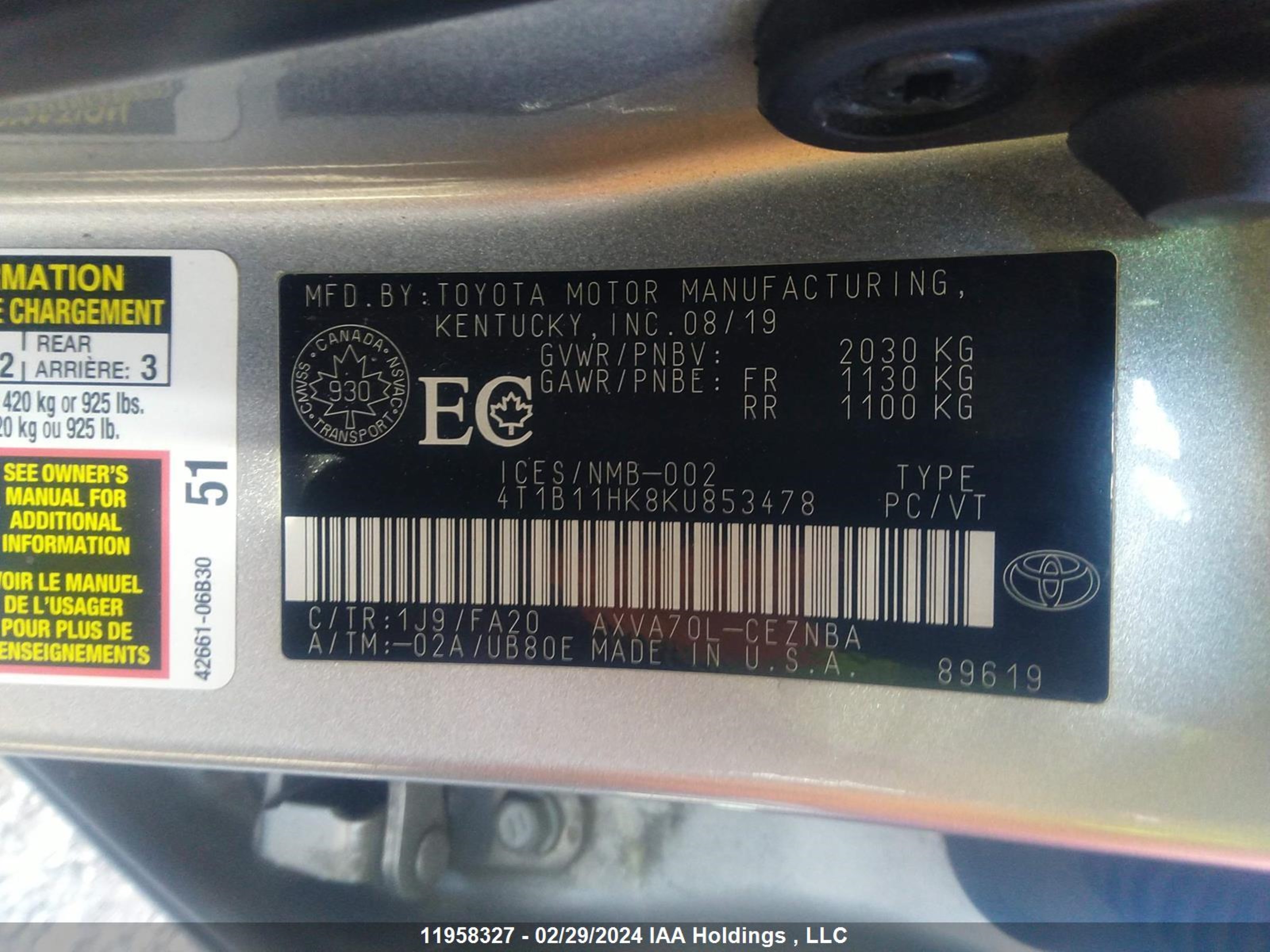 Photo 8 VIN: 4T1B11HK8KU853478 - TOYOTA CAMRY 