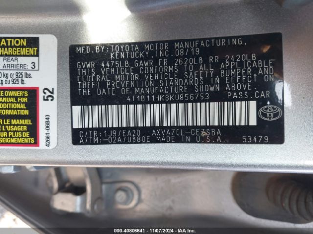 Photo 8 VIN: 4T1B11HK8KU856753 - TOYOTA CAMRY 