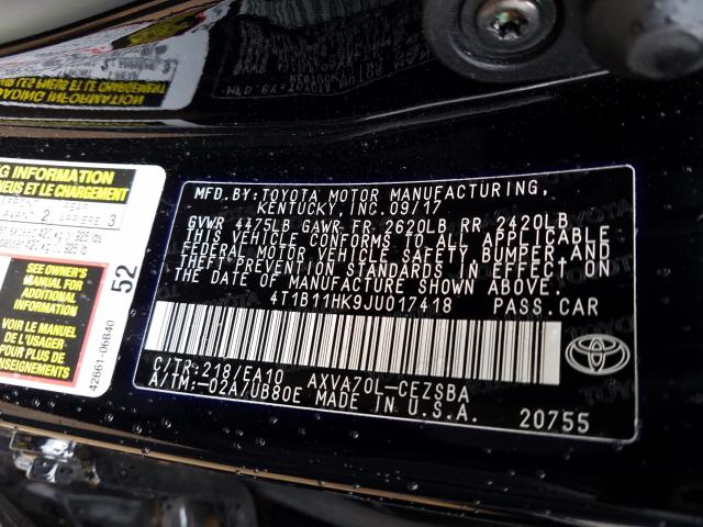 Photo 9 VIN: 4T1B11HK9JU017418 - TOYOTA CAMRY L 