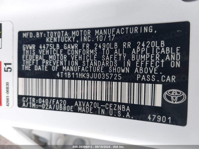 Photo 8 VIN: 4T1B11HK9JU035725 - TOYOTA CAMRY 