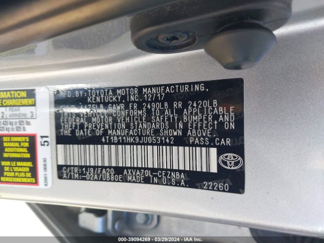 Photo 8 VIN: 4T1B11HK9JU053142 - TOYOTA CAMRY 