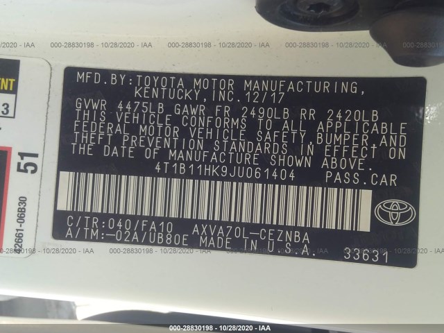 Photo 8 VIN: 4T1B11HK9JU061404 - TOYOTA CAMRY 