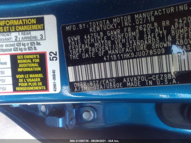 Photo 8 VIN: 4T1B11HK9JU078509 - TOYOTA CAMRY 