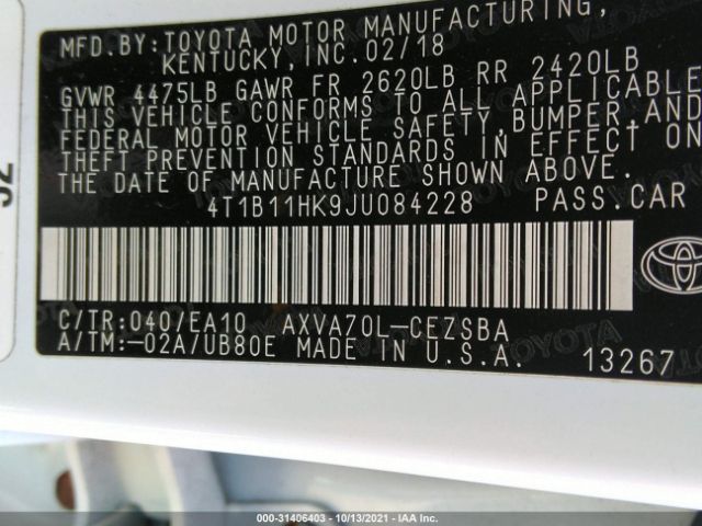 Photo 8 VIN: 4T1B11HK9JU084228 - TOYOTA CAMRY 