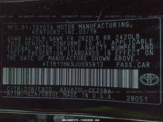 Photo 8 VIN: 4T1B11HK9JU095813 - TOYOTA CAMRY 