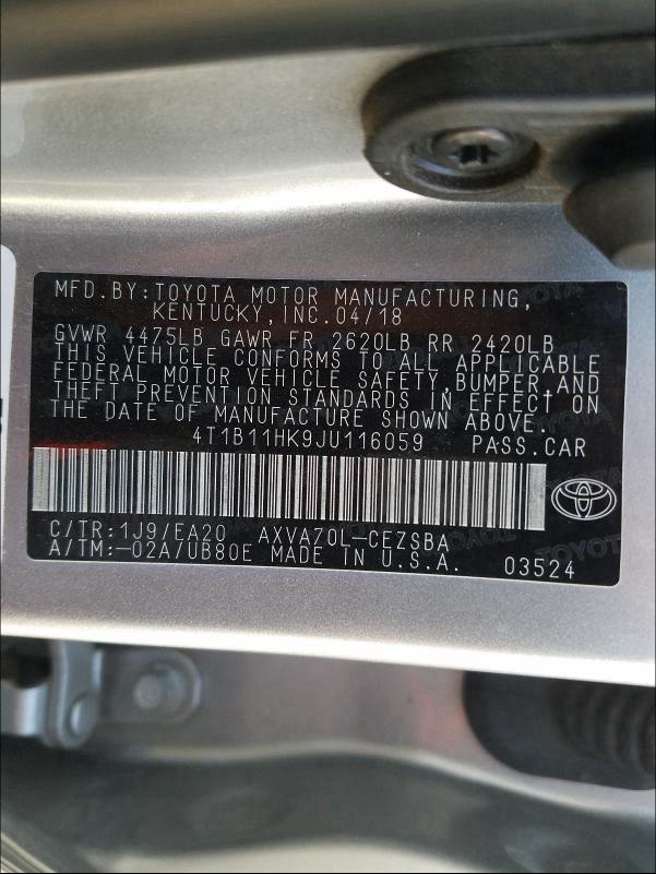 Photo 9 VIN: 4T1B11HK9JU116059 - TOYOTA CAMRY L 