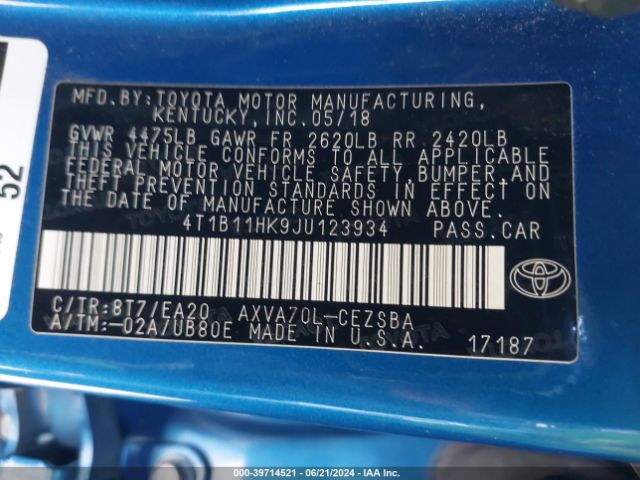 Photo 8 VIN: 4T1B11HK9JU123934 - TOYOTA CAMRY 