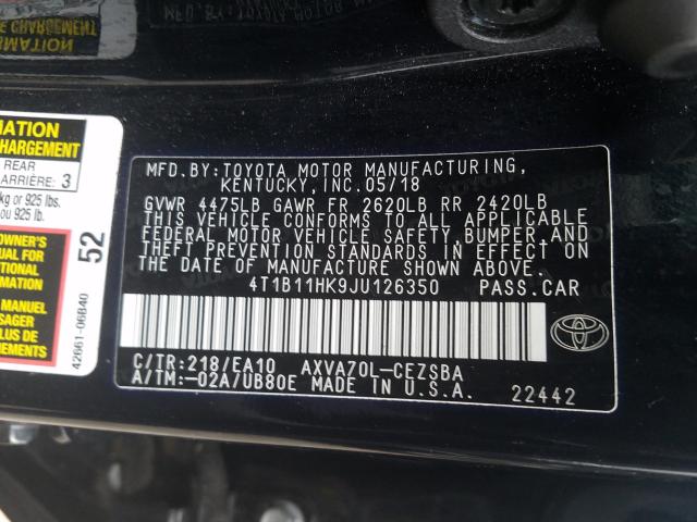 Photo 9 VIN: 4T1B11HK9JU126350 - TOYOTA CAMRY L 