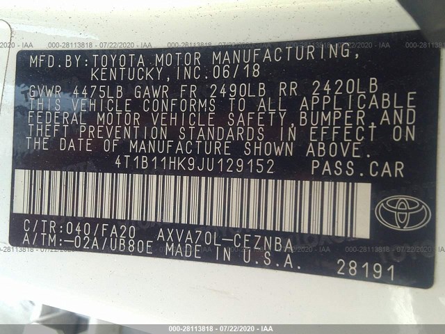 Photo 8 VIN: 4T1B11HK9JU129152 - TOYOTA CAMRY 