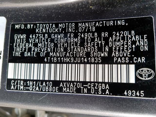 Photo 9 VIN: 4T1B11HK9JU141835 - TOYOTA CAMRY L 