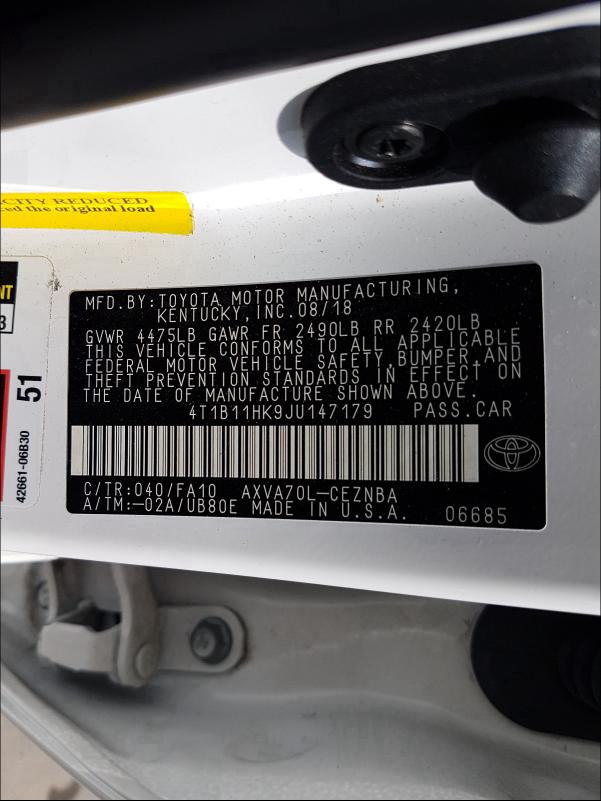 Photo 9 VIN: 4T1B11HK9JU147179 - TOYOTA CAMRY L 