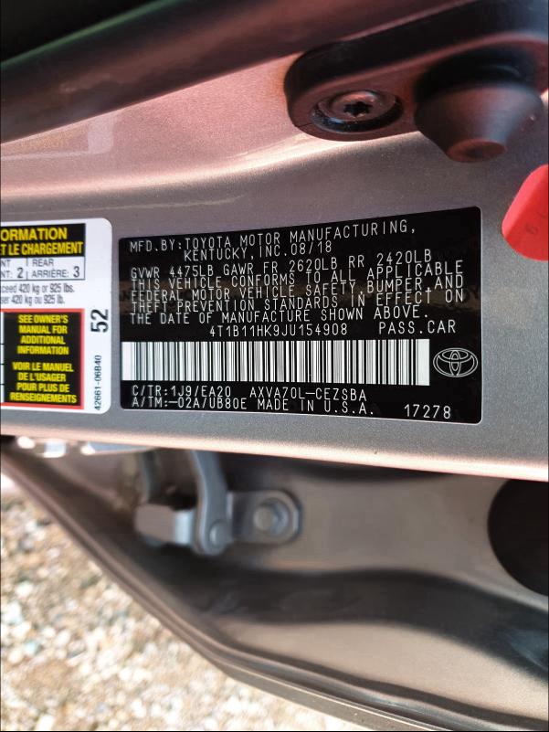 Photo 9 VIN: 4T1B11HK9JU154908 - TOYOTA CAMRY L 