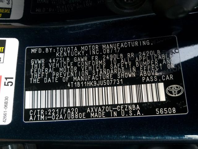 Photo 9 VIN: 4T1B11HK9JU507731 - TOYOTA CAMRY L 