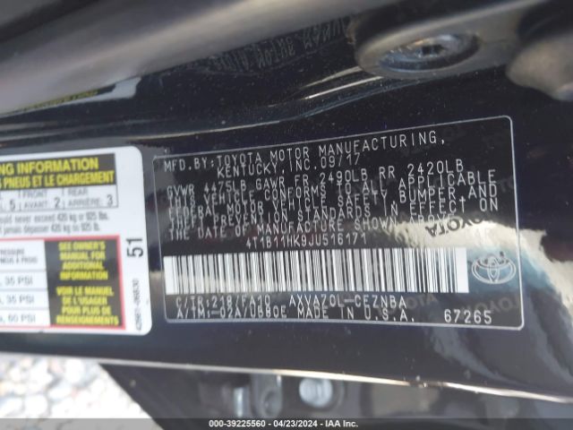 Photo 8 VIN: 4T1B11HK9JU516171 - TOYOTA CAMRY 