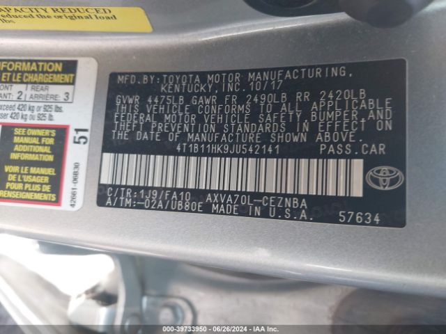 Photo 8 VIN: 4T1B11HK9JU542141 - TOYOTA CAMRY 