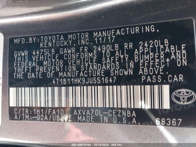 Photo 8 VIN: 4T1B11HK9JU551647 - TOYOTA CAMRY 