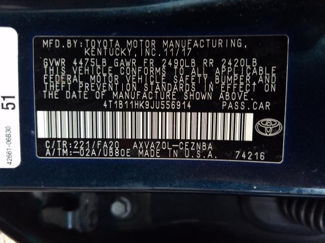 Photo 9 VIN: 4T1B11HK9JU556914 - TOYOTA CAMRY L 