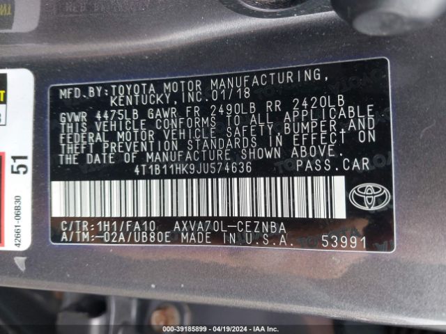 Photo 8 VIN: 4T1B11HK9JU574636 - TOYOTA CAMRY 