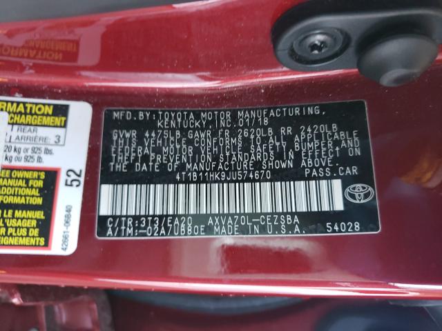 Photo 9 VIN: 4T1B11HK9JU574670 - TOYOTA CAMRY L 