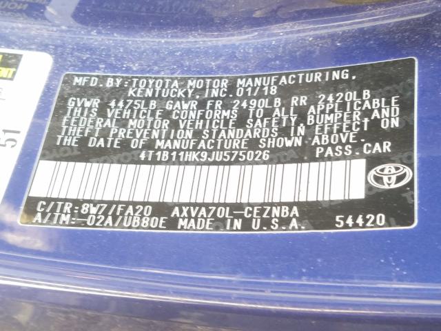 Photo 9 VIN: 4T1B11HK9JU575026 - TOYOTA CAMRY L 